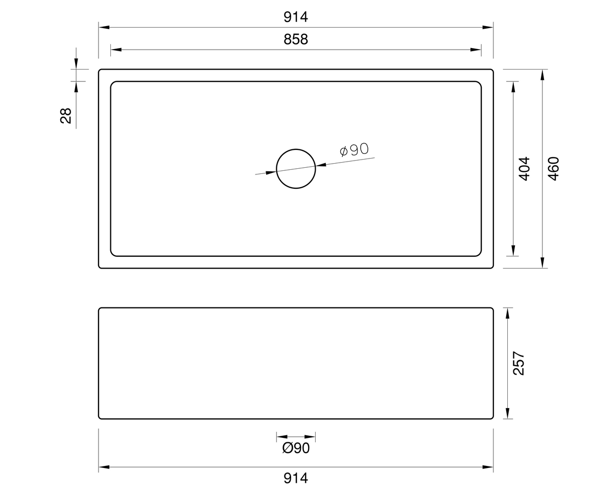 Farmhouse Sink - 914mm by Savile Row - technical drawing with dimensions