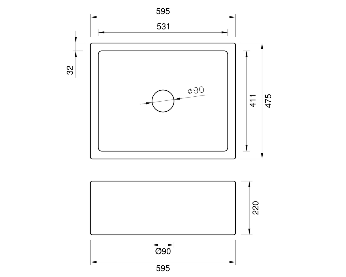 Fireclay Butler Sink - 595mm by Savile Row - technical drawing with dimensions