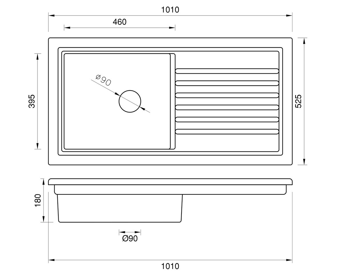 Soho 1.0 - Ceramic Kitchen Sink & Drain Board by Savile Row - technical drawing with dimensions