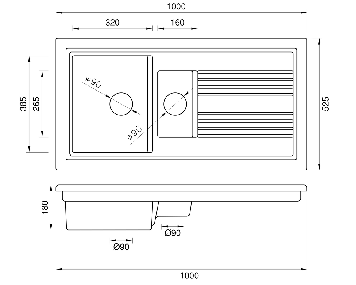 Soho 1.5 - Ceramic Kitchen Sink 1.5 Bowl And Drain Board by Savile Row - technical drawing with dimensions