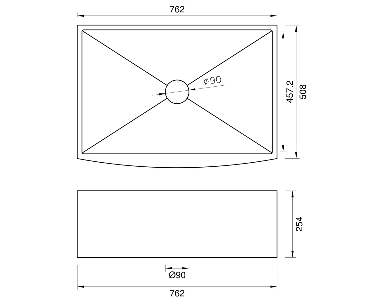 Stainless Steel Butler Sink - 762mm by Savile Row - single bowl stainless steel farmhouse sink - technical drawing with dimensions