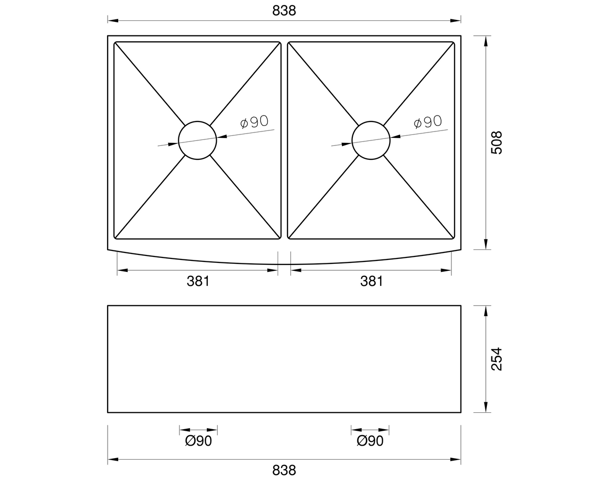 Stainless Steel Double Butler Sink - 838mm by Savile Row - double bowl stainless steel farmhouse sink - technical drawing with dimensions