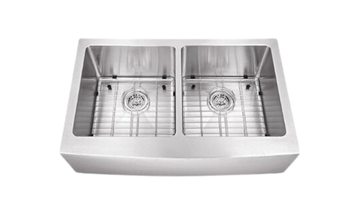 Stainless Steel Double Butler Sink - 838mm by Savile Row - double bowl stainless steel farmhouse sink - top-down view with grids and waste