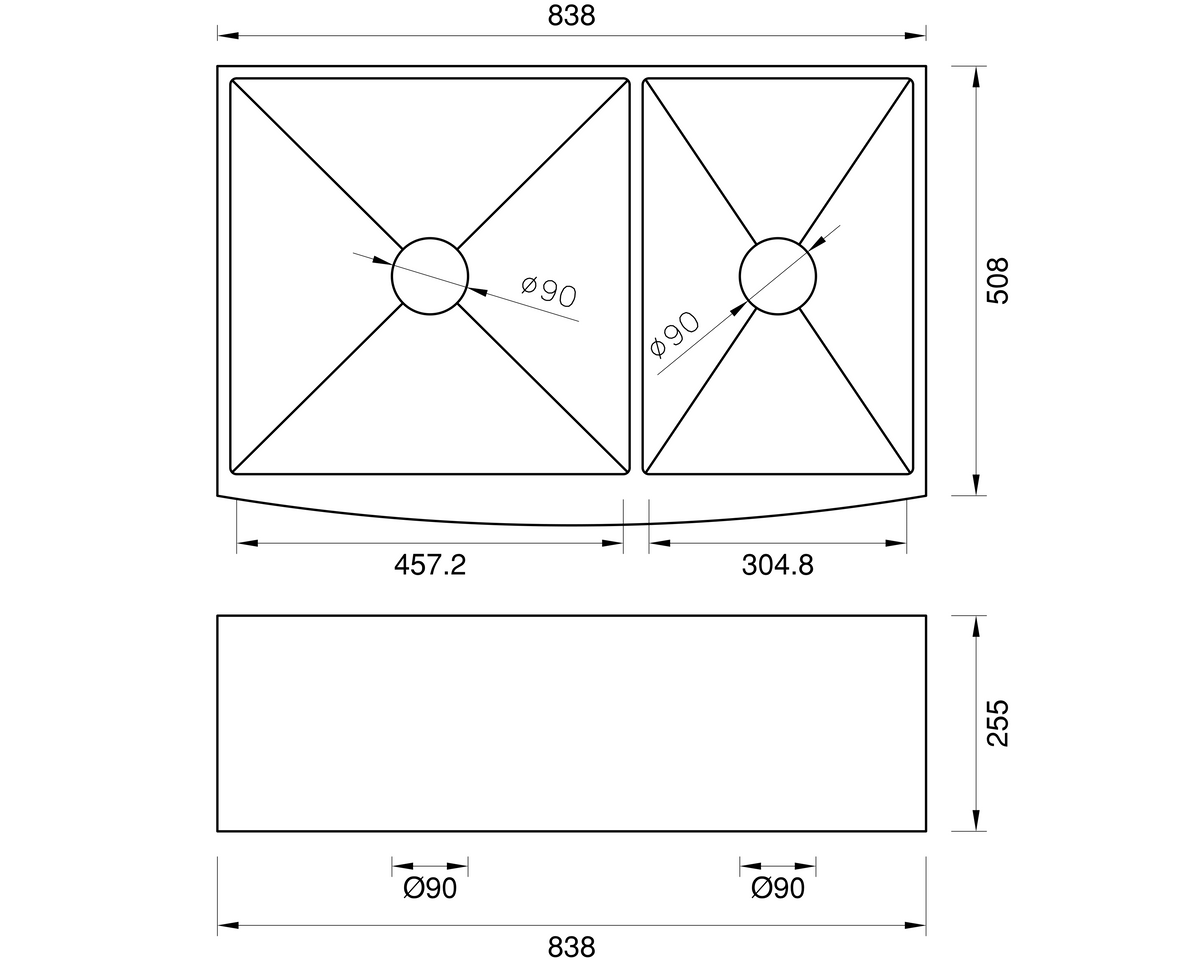 Stainless Steel Double Butler Sink with Offset Bowl - 838mm by Savile Row - double offset bowl stainless steel farmhouse sink - technical drawing with dimensions