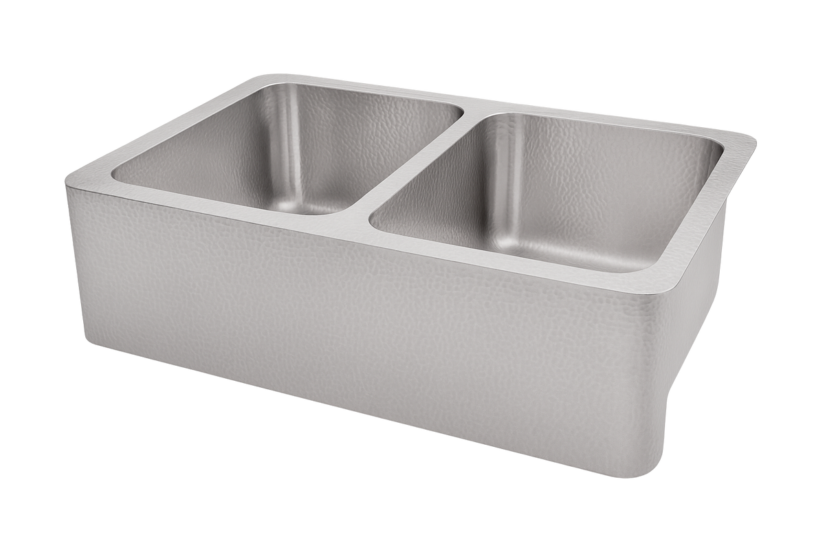 Stainless Steel Hammered Double Bowl Sink - 838mm by Savile Row - double bowl hammered stainless steel farmhouse sink - angled view from side