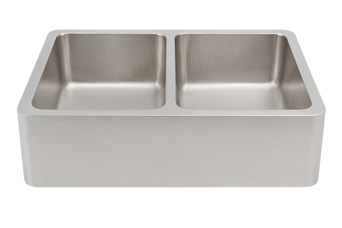 Stainless Steel Hammered Double Bowl Sink - 838mm by Savile Row - double bowl hammered stainless steel farmhouse sink - angled view showing bowl interiors
