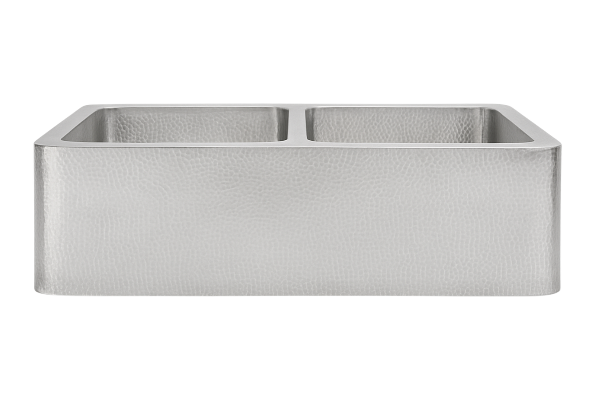 Stainless Steel Hammered Double Bowl Sink - 838mm by Savile Row - double bowl hammered stainless steel farmhouse sink - front view