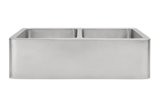 Stainless Steel Hammered Double Bowl Sink - 838mm by Savile Row - double bowl hammered stainless steel farmhouse sink - front view