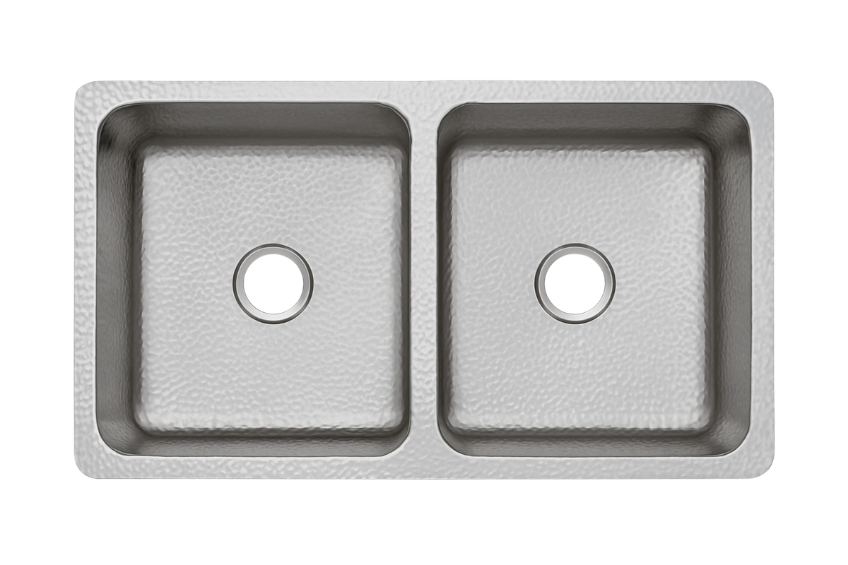 Stainless Steel Hammered Double Bowl Sink - 838mm by Savile Row - double bowl hammered stainless steel farmhouse sink - top-down view without waste