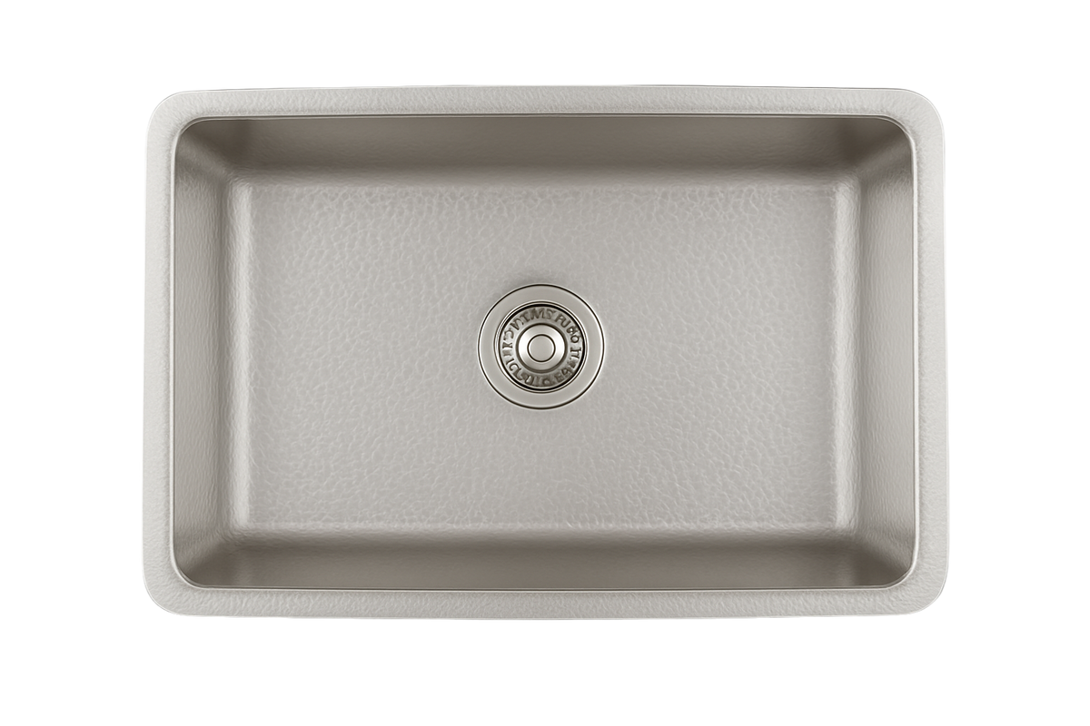 Stainless Steel Hammered Farmhouse Sink by Savile Row - top-down view with waste