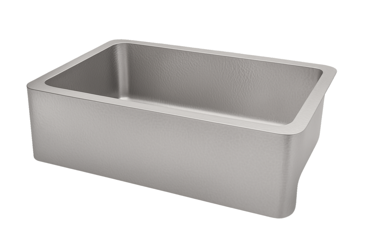 Stainless Steel Hammered Single Bowl Sink - 838mm by Savile Row - single bowl hammered stainless steel farmhouse sink - angled view