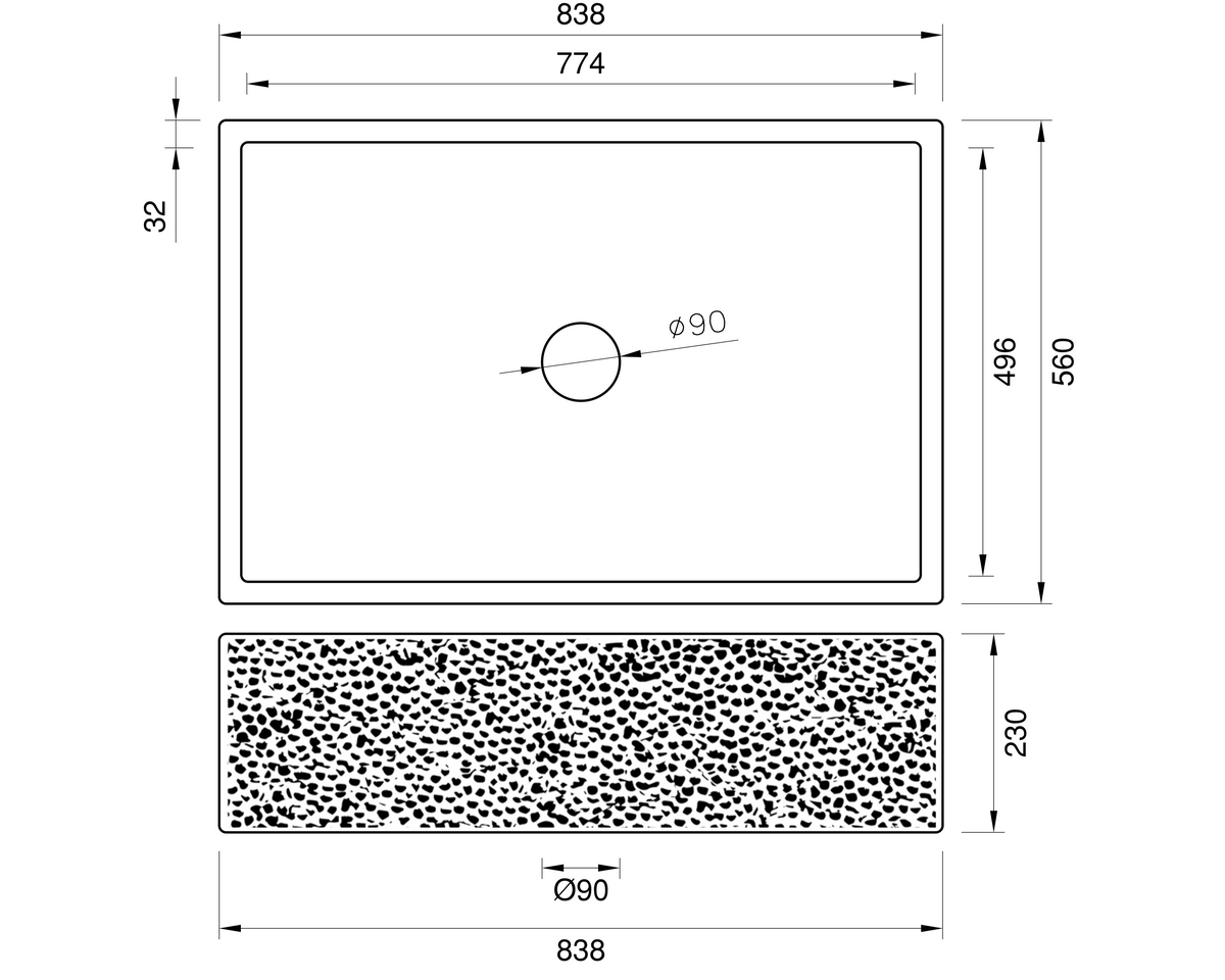 Stainless Steel Hammered Single Bowl Sink - 838mm by Savile Row - single bowl hammered stainless steel farmhouse sink - technical drawing with dimensions