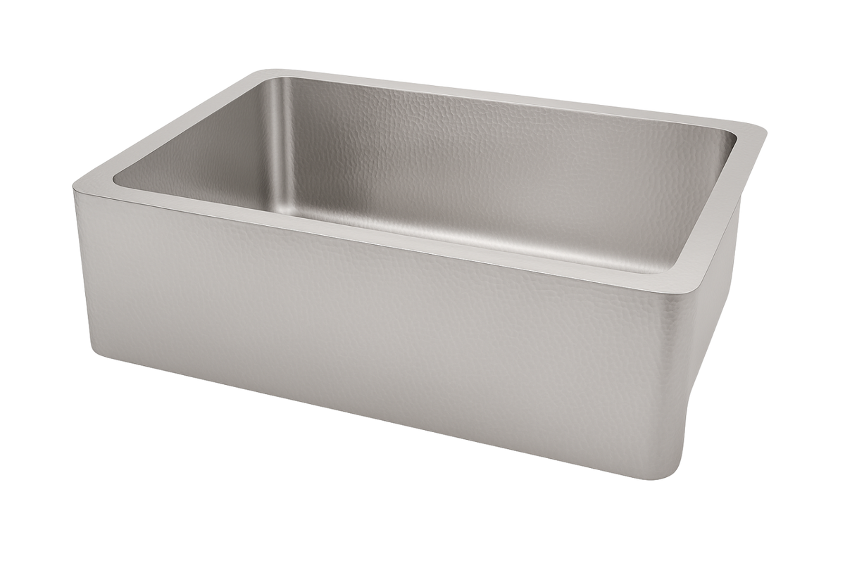 Stainless Steel Hammered Sink - 625mm by Savile Row - single bowl hammered stainless steel farmhouse sink - angled view