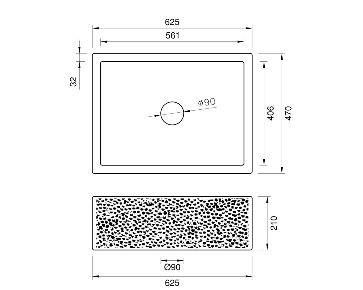 Stainless Steel Hammered Sink - 625mm by Savile Row - single bowl hammered stainless steel farmhouse sink - technical drawing with dimensions