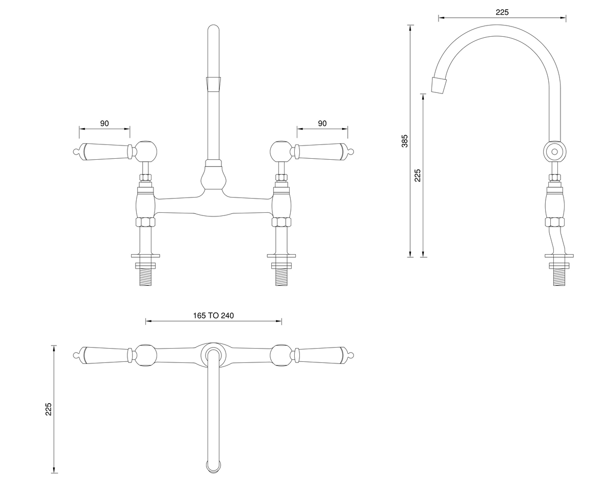 Traditional Kitchen Bridge Mixer Tap by Renaissance - technical drawing with dimensions