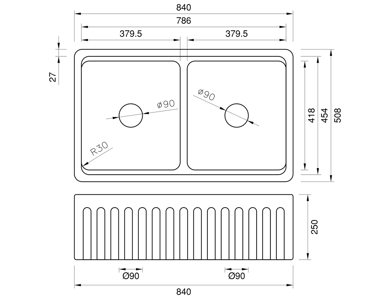 Undercounter Fireclay Double Bowl Workstation Sink - 840mm by Savile Row - technical drawing with dimensions