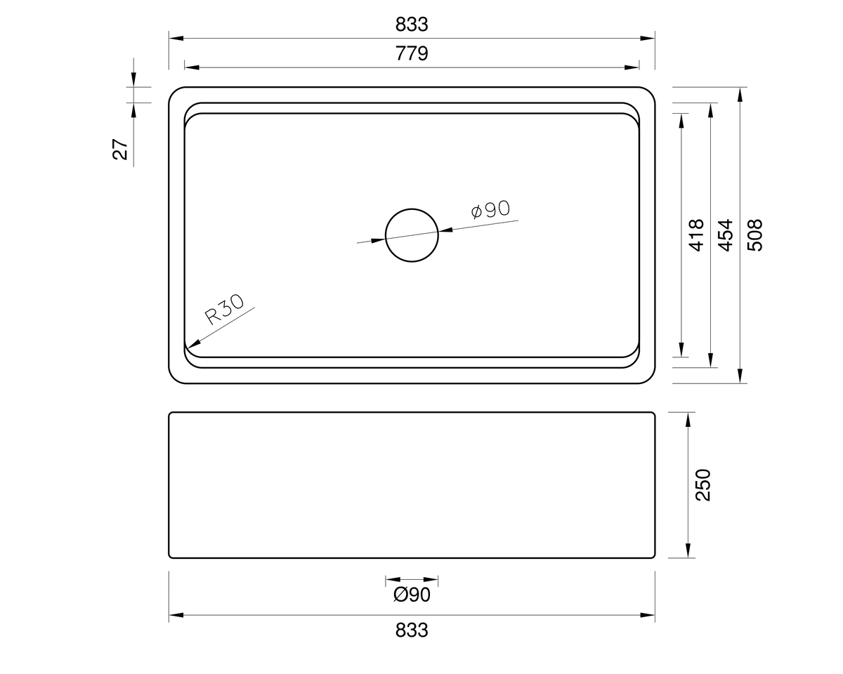 Undercounter Fireclay Workstation Sink - 833mm by Savile Row - technical drawing with dimensions