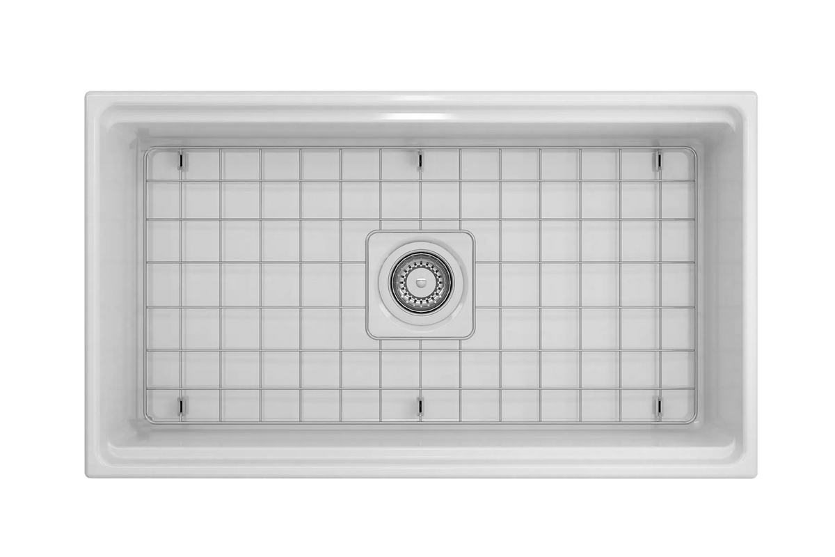 Undercounter Fireclay Workstation Sink by Savile Row - top view with grid and waste