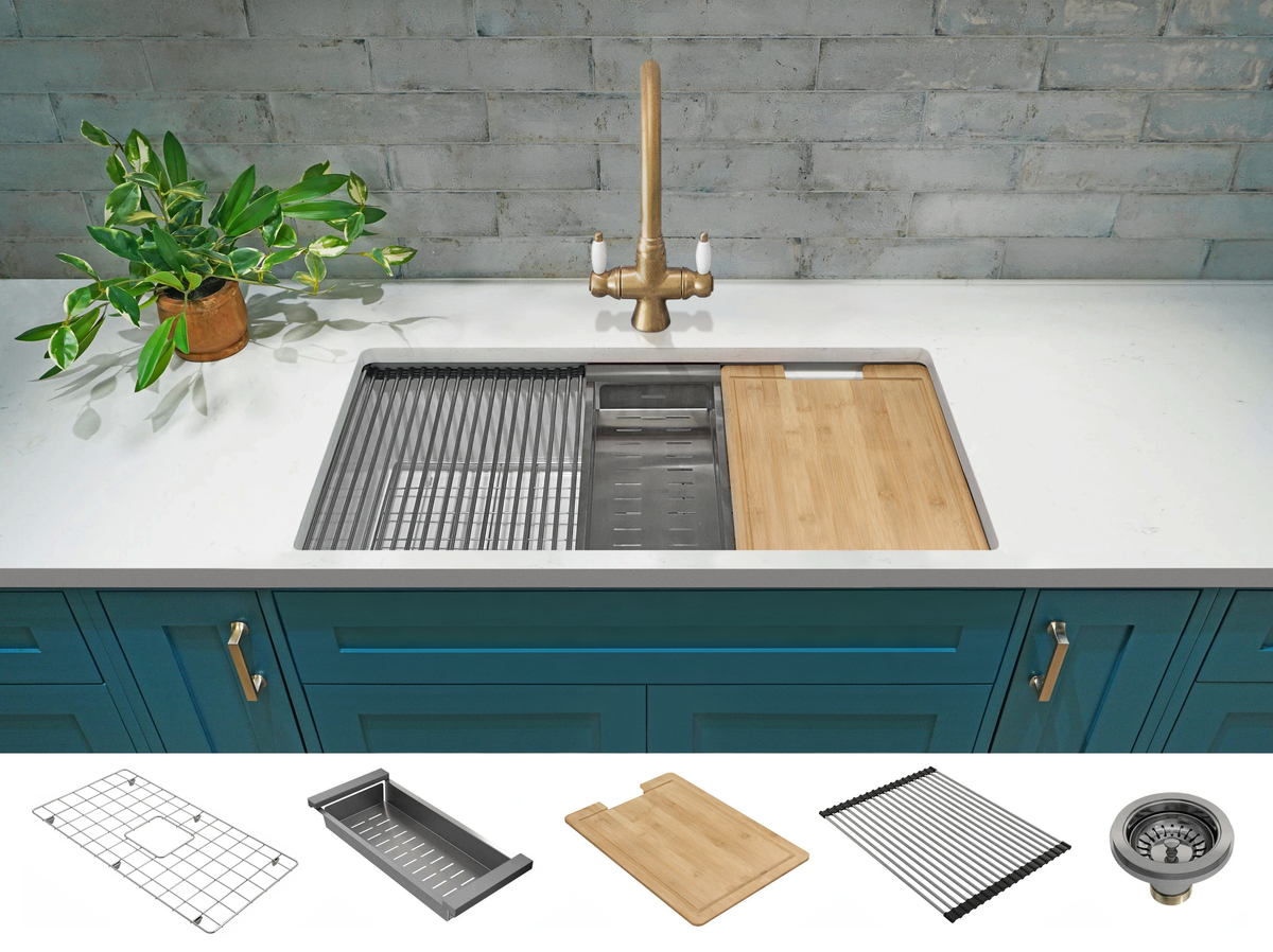 Undercounter Fireclay Workstation Sink by Savile Row - workstation view with grid colander chopping board and waste