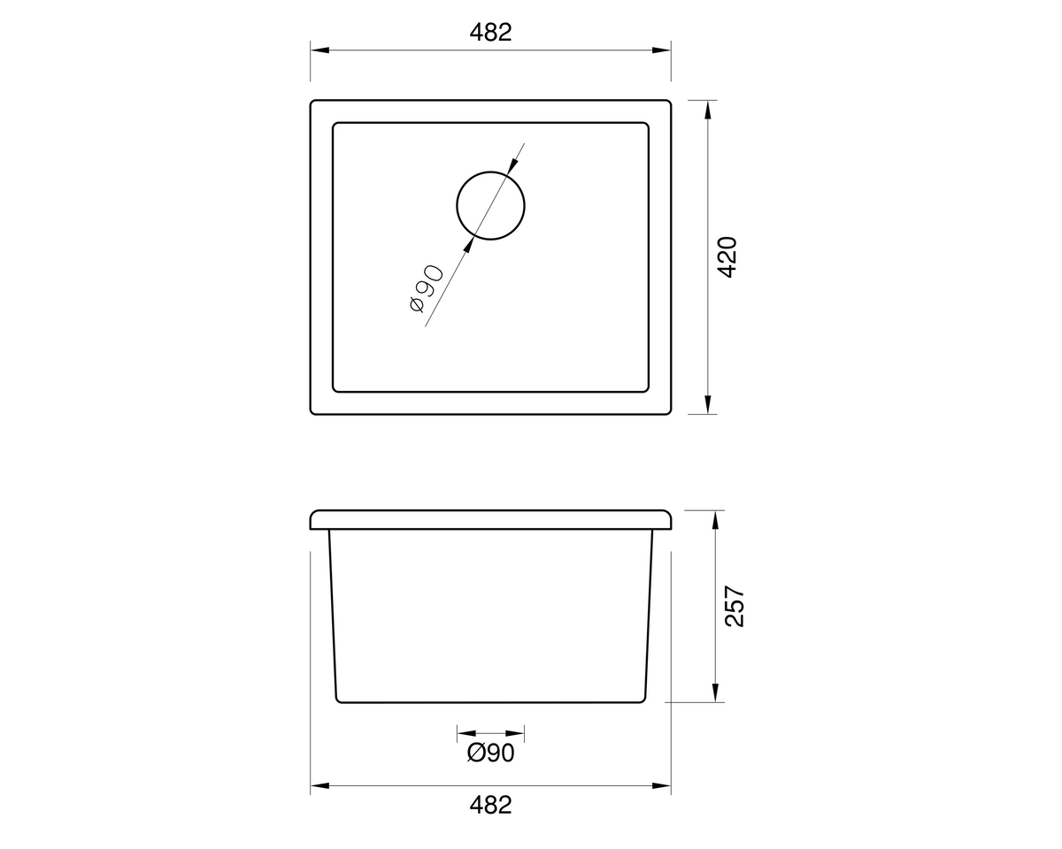 Undermount Fireclay Prep Sink - 482mm by Savile Row - technical drawing with dimensions