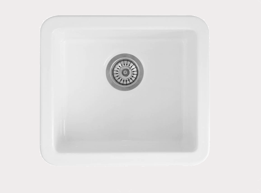 Undermount Fireclay Prep Sink - 482mm by Savile Row - top view with waste - white single bowl sink