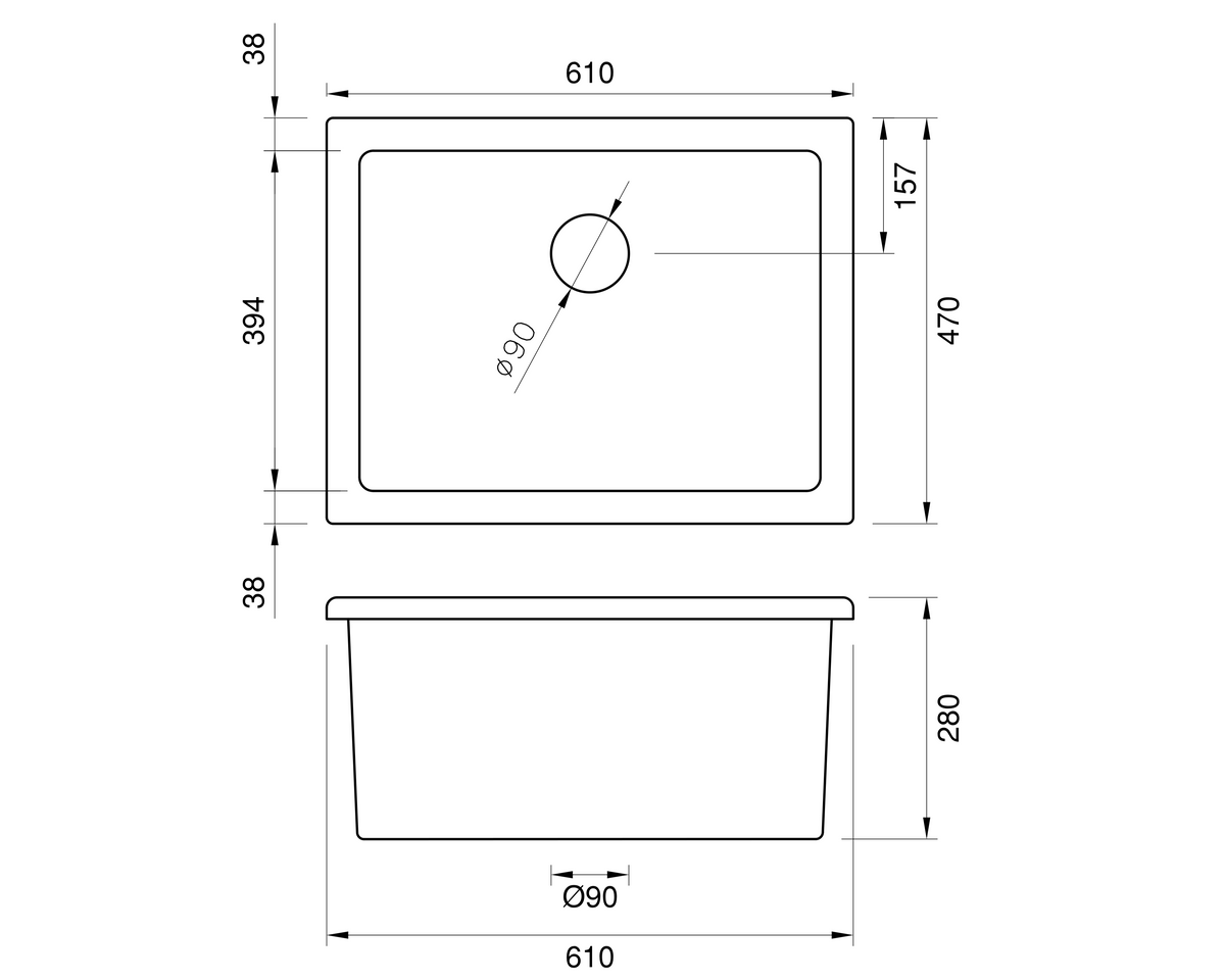 Undermount Fireclay Sink - 610mm by Savile Row - technical drawing with dimensions