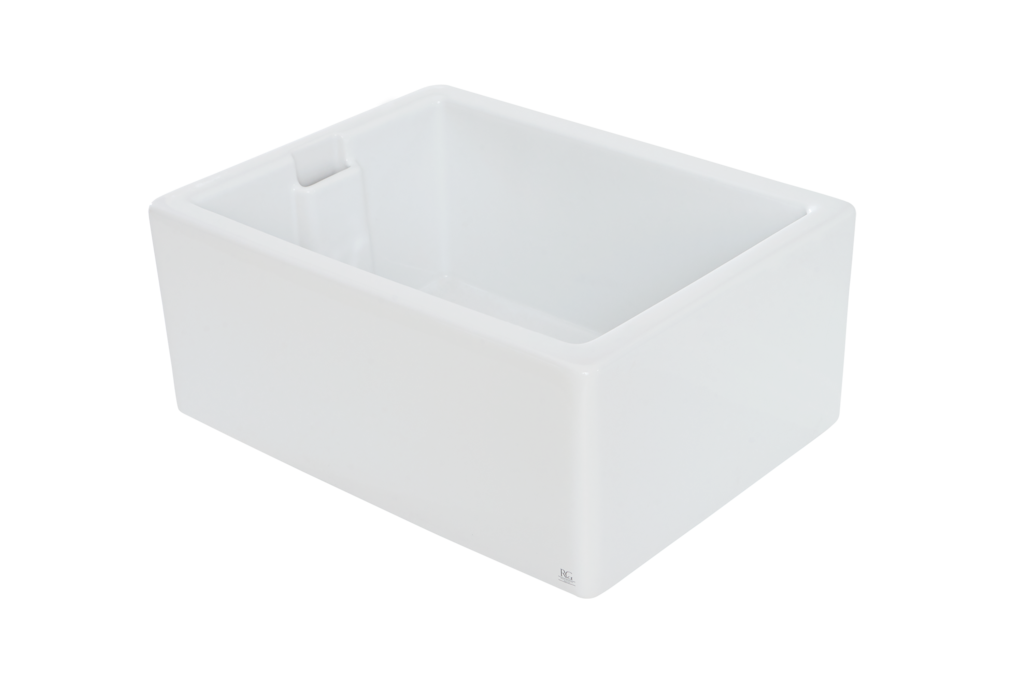 Belfast Sink - 595mm by Savile Row - single bowl fireclay Belfast sink with overflow - angled view showing weir overflow