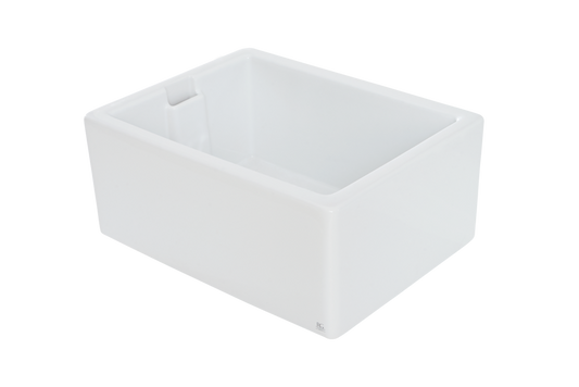 Belfast Sink - 595mm by Savile Row - single bowl fireclay Belfast sink with overflow - angled view showing weir overflow