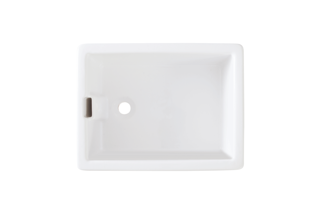 Belfast Sink - 595mm by Savile Row - single bowl fireclay Belfast sink with overflow - top-down view with waste and overflow