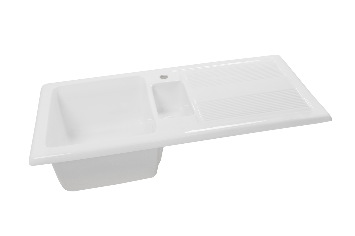 Bloomsbury 1.5 - Double Ceramic Kitchen Sink by Savile Row - 1.5 bowl ceramic kitchen sink with drainboard - angled front view