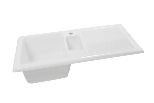 Bloomsbury 1.5 - Double Ceramic Kitchen Sink by Savile Row - 1.5 bowl ceramic kitchen sink with drainboard - angled front view