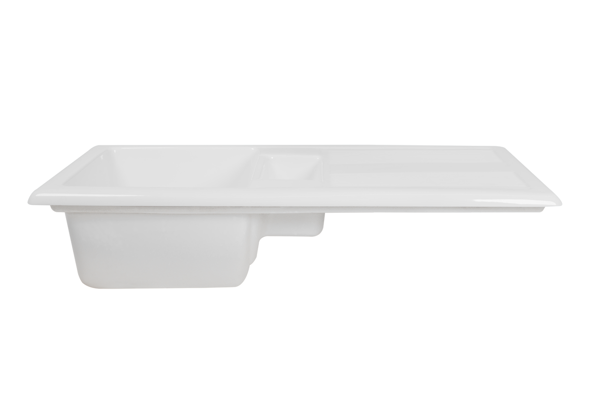 Bloomsbury 1.5 - Double Ceramic Kitchen Sink by Savile Row - 1.5 bowl ceramic kitchen sink with drainboard - angled high view