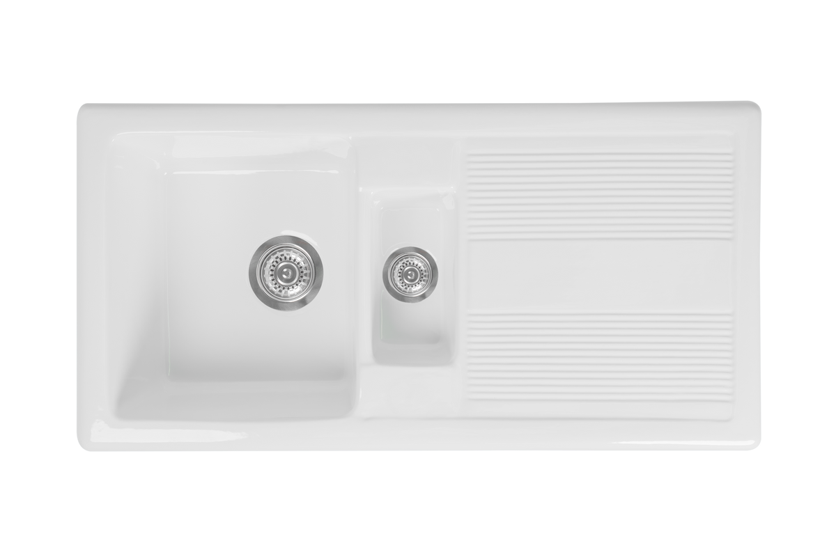 Bloomsbury 1.5 - Double Ceramic Kitchen Sink by Savile Row - 1.5 bowl ceramic kitchen sink with drainboard - top view with waste