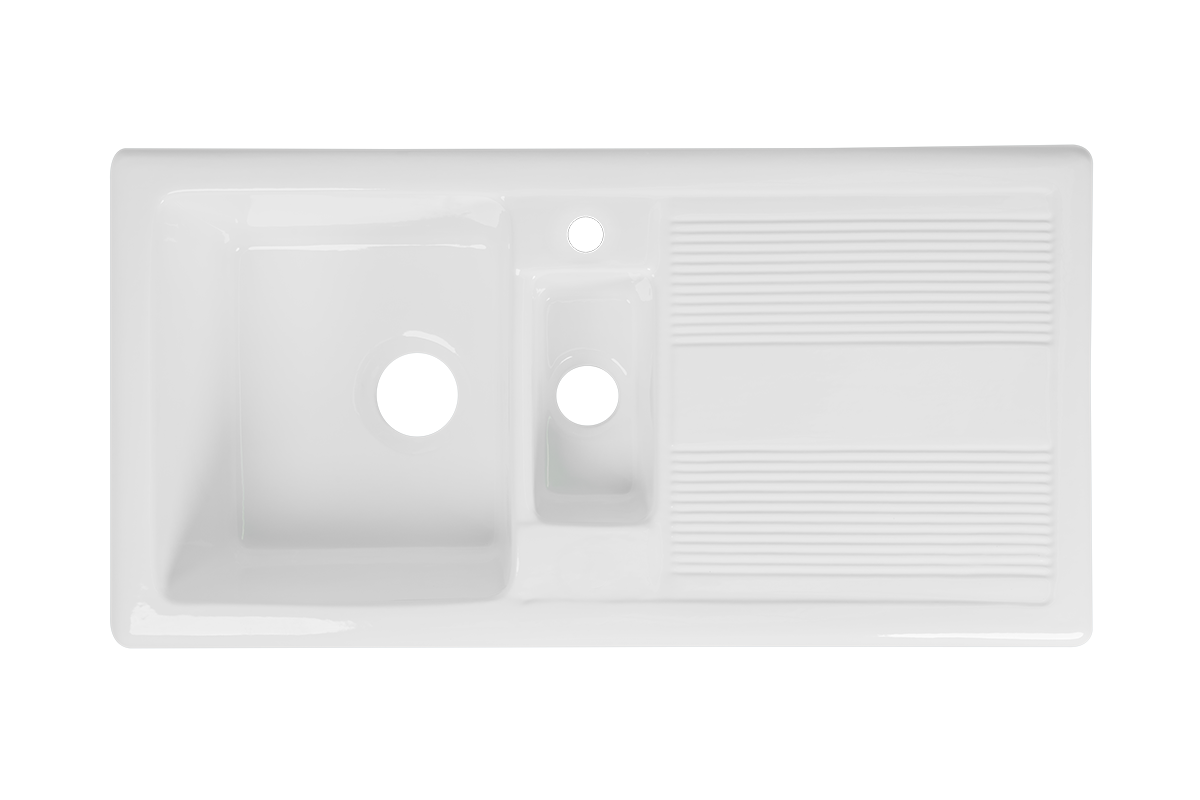 Bloomsbury 1.5 - Double Ceramic Kitchen Sink by Savile Row - 1.5 bowl ceramic kitchen sink with drainboard - top view without waste
