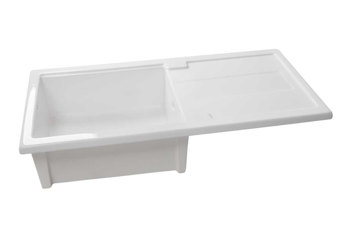 Carnaby Ceramic Kitchen Sink 1.0 Bowl And Drain Board by Savile Row - angled front view - single bowl fireclay sink with drainboard
