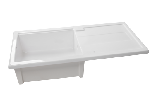 Carnaby Ceramic Kitchen Sink 1.0 Bowl And Drain Board by Savile Row - angled front view - single bowl fireclay sink with drainboard