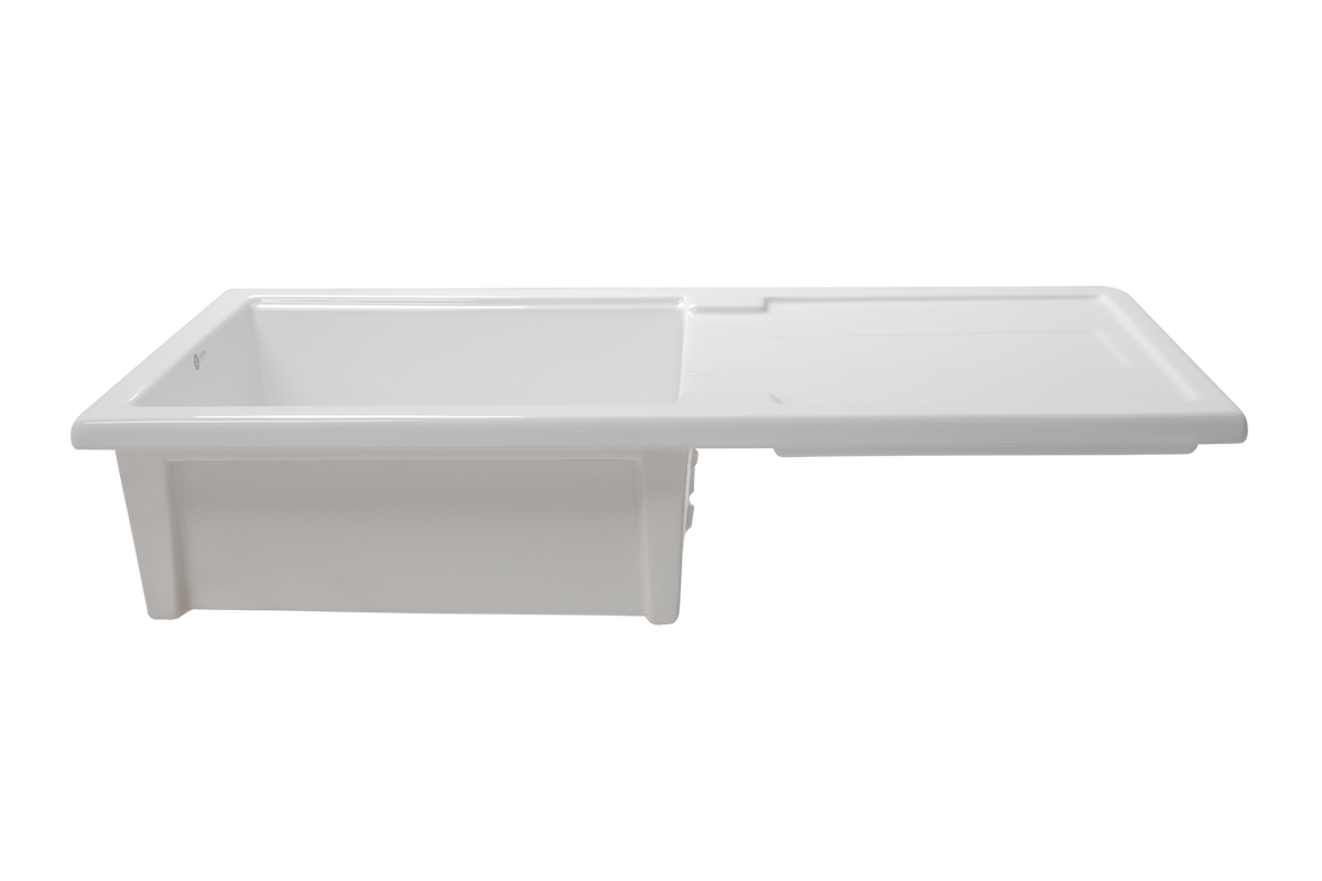 Carnaby Ceramic Kitchen Sink 1.0 Bowl And Drain Board by Savile Row - opposite angled view - single bowl fireclay sink with drainboard