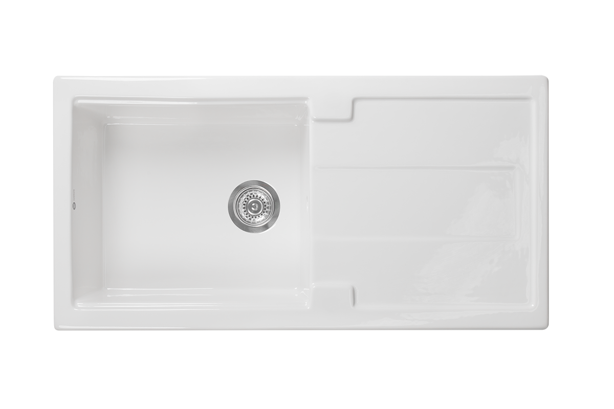 Carnaby Ceramic Kitchen Sink 1.0 Bowl And Drain Board by Savile Row - top view with waste