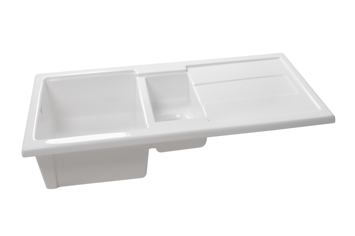 Carnaby Ceramic Kitchen Sink 1.5 Bowl And Drain Board by Savile Row - angled front view - 1.5 bowl fireclay sink with drainboard