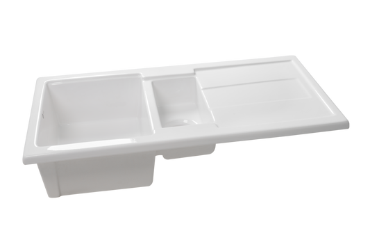 Carnaby Ceramic Kitchen Sink 1.5 Bowl And Drain Board by Savile Row - angled front view - 1.5 bowl fireclay sink with drainboard