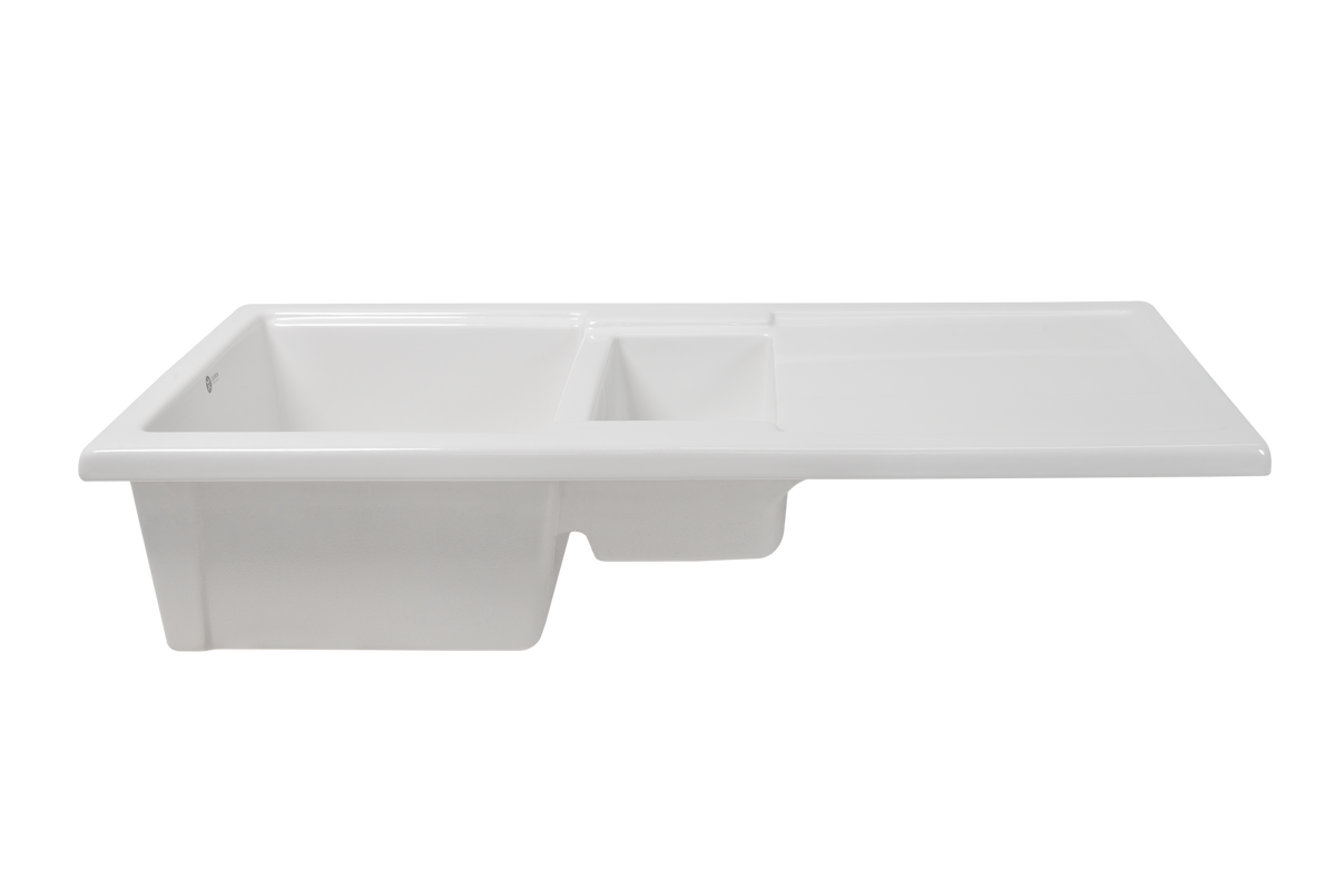 Carnaby Ceramic Kitchen Sink 1.5 Bowl And Drain Board by Savile Row - opposite angled view - 1.5 bowl fireclay sink with drainboard