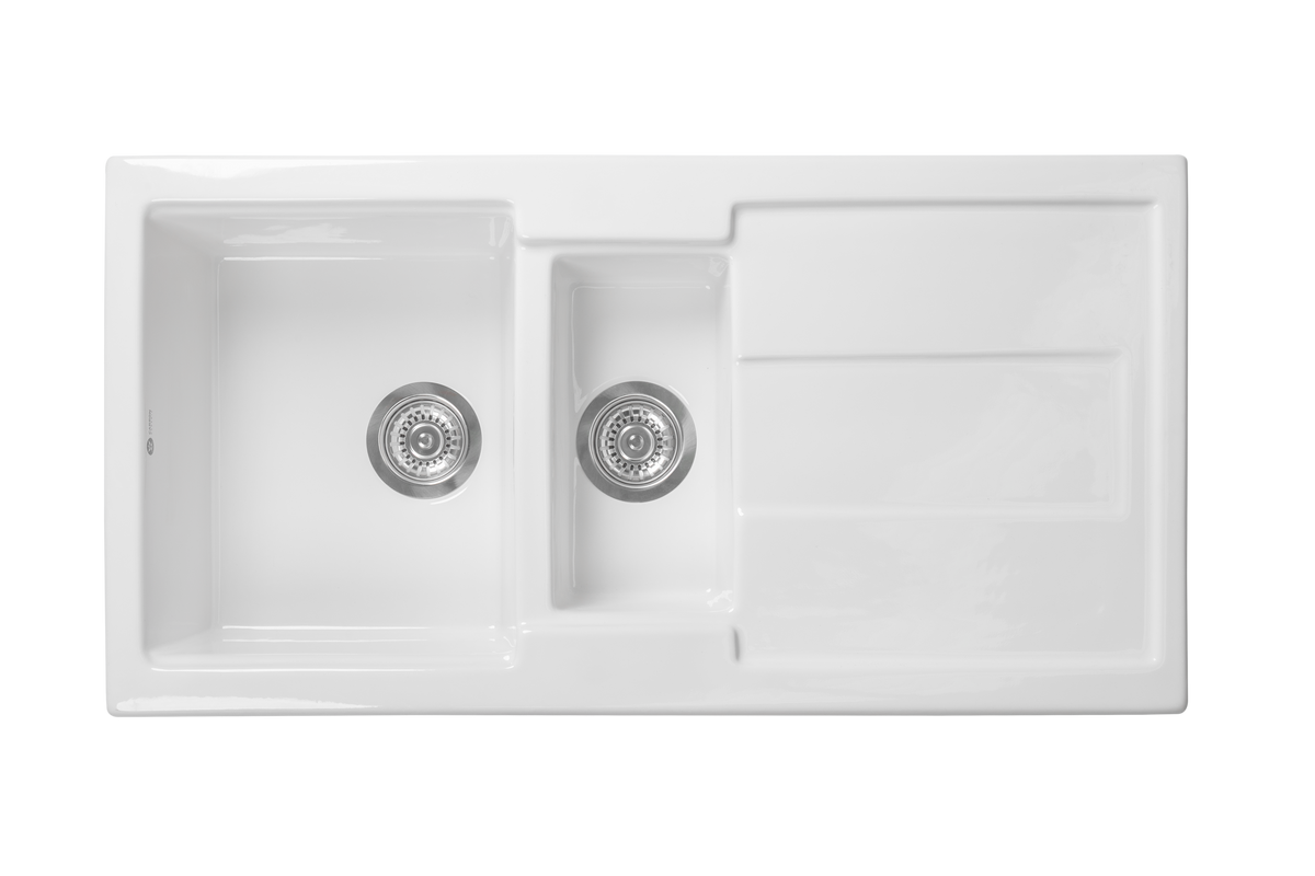Carnaby Ceramic Kitchen Sink 1.5 Bowl And Drain Board by Savile Row - top view with waste