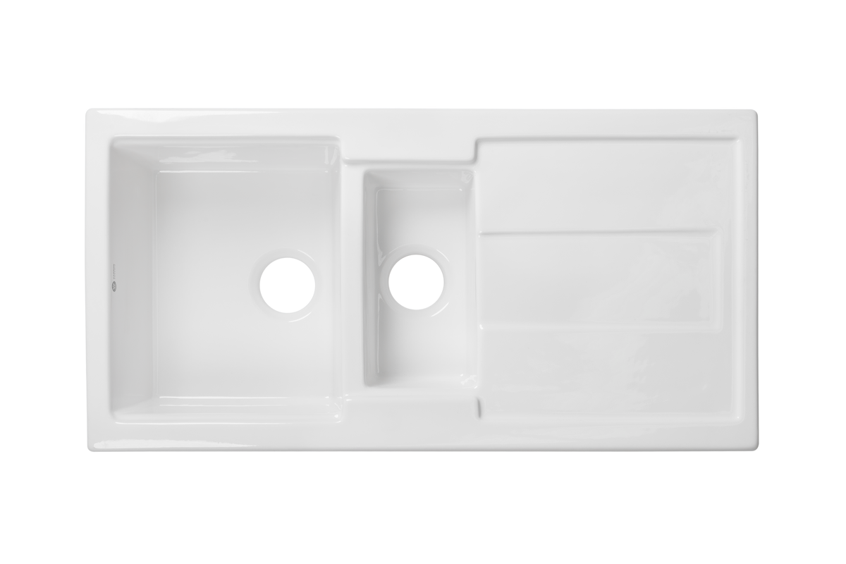 Carnaby Ceramic Kitchen Sink 1.5 Bowl And Drain Board by Savile Row - top view without waste