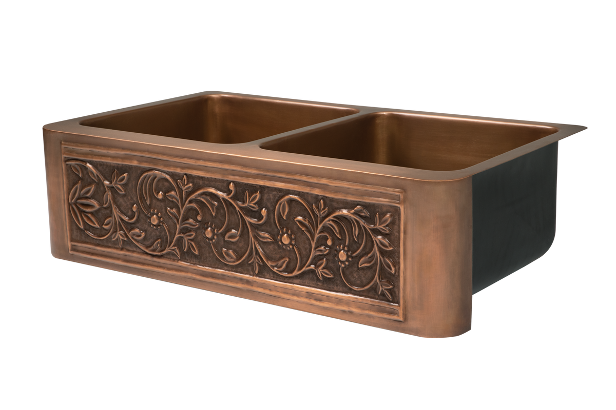Copper Country Double Sink - 838mm by Savile Row - copper double bowl farmhouse sink - Angled view - double bowl copper farmhouse sink with embossed floral apron
