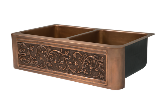 Copper Country Double Sink - 838mm by Savile Row - copper double bowl farmhouse sink - Angled view - double bowl copper farmhouse sink with embossed floral apron