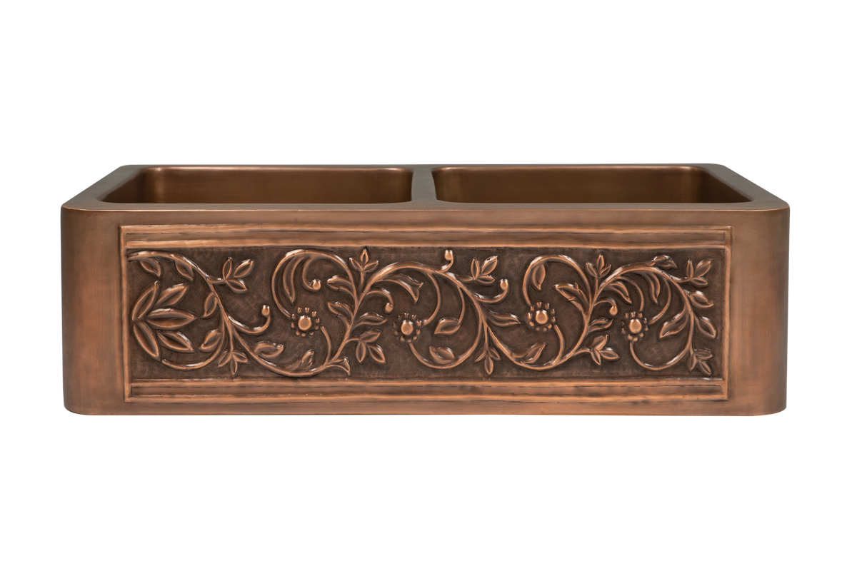 Copper Country Double Sink - 838mm by Savile Row - copper double bowl farmhouse sink - Front view - double bowl copper farmhouse sink with embossed floral apron