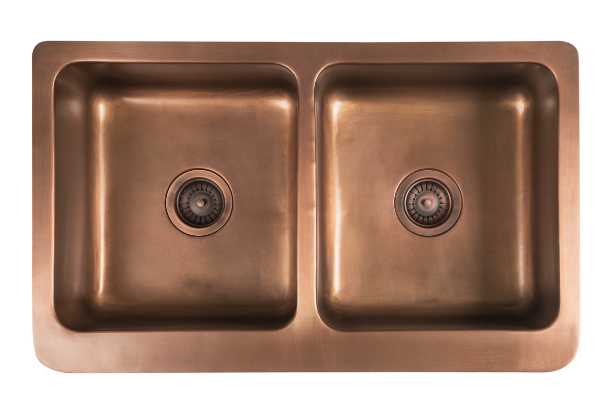 Copper Country Double Sink - 838mm by Savile Row - copper double bowl farmhouse sink - Top-down view with waste - double bowl copper sink