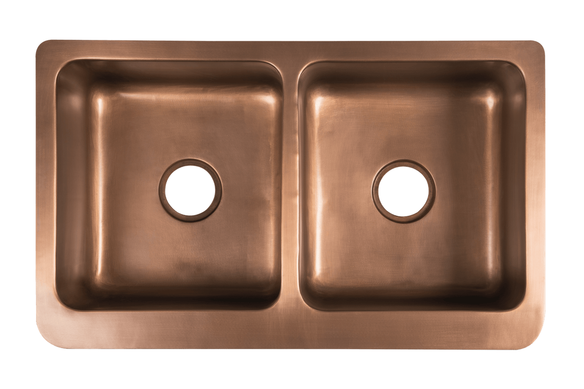 Copper Country Double Sink - 838mm by Savile Row - copper double bowl farmhouse sink - Top-down view with waste holes - double bowl copper sink