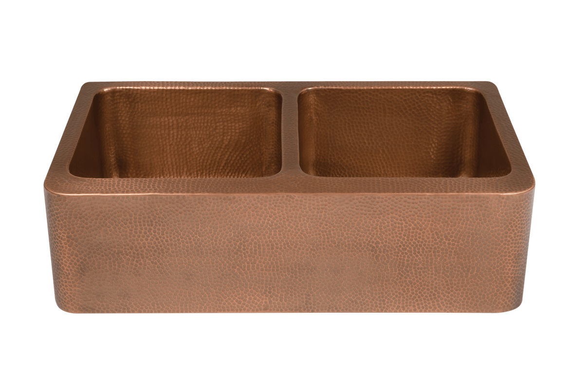 Copper Hammered Double Farmhouse Sink - 838mm by Savile Row - copper double bowl farmhouse sink with hammered finish - Angled high view - double bowl copper farmhouse sink with hammered finish