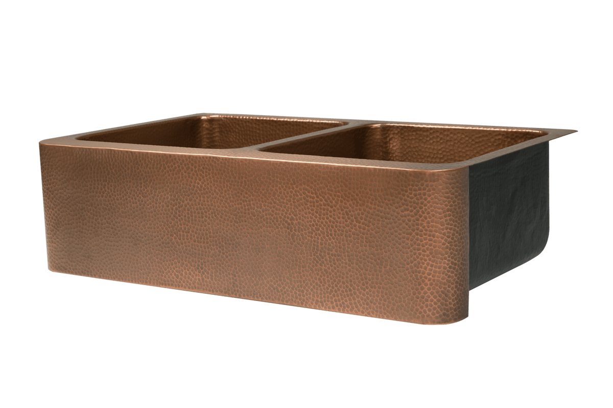 Copper Hammered Double Farmhouse Sink - 838mm by Savile Row - copper double bowl farmhouse sink with hammered finish - Angled view - double bowl copper farmhouse sink with hammered finish